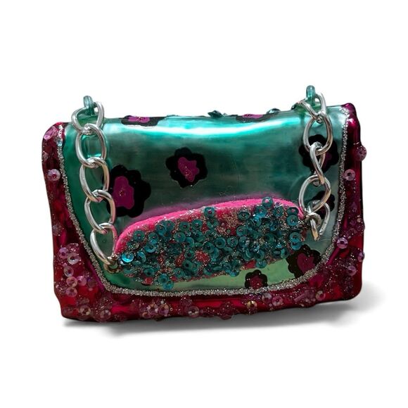 Vintage Hand Blown Glass Purse Ornament Pink Teal Leopard Beaded Handbag Decor - Picture 3 of 5